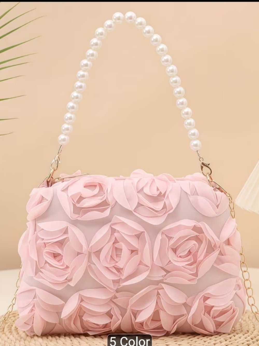 Pink Floral Pearl-Handle Women’s Shoulder Bag, NIP - Picture 5 of 7